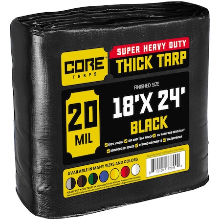 Core Tarps Heavy Duty Tarp, 18 ft x 24 ft, 20 Mil, Black, Polyethylene CT-706-18x24